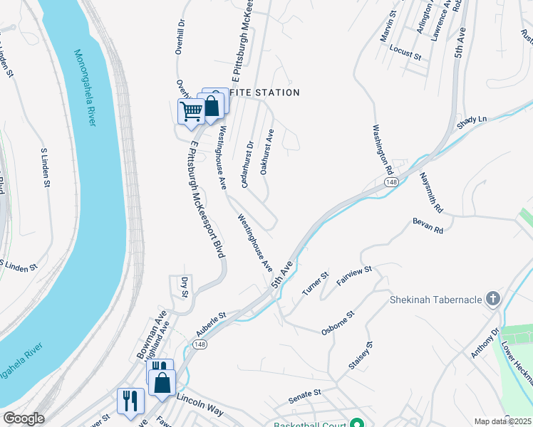 map of restaurants, bars, coffee shops, grocery stores, and more near 307 Cedarhurst Drive in North Versailles
