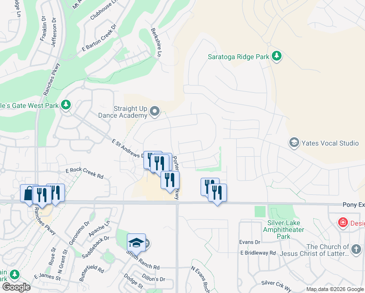 map of restaurants, bars, coffee shops, grocery stores, and more near 4112 East Gazelle Run in Eagle Mountain