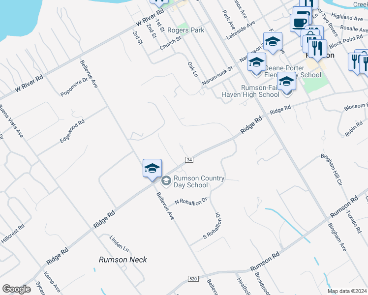 map of restaurants, bars, coffee shops, grocery stores, and more near 96 Ridge Road in Rumson