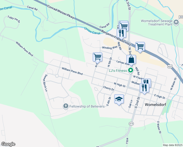 map of restaurants, bars, coffee shops, grocery stores, and more near 609 West High Street in Womelsdorf