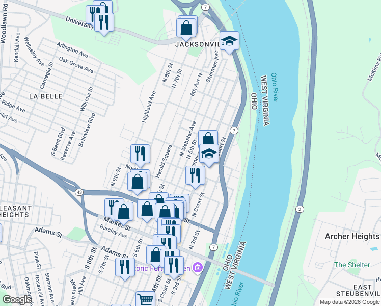map of restaurants, bars, coffee shops, grocery stores, and more near North 5th Street in Steubenville