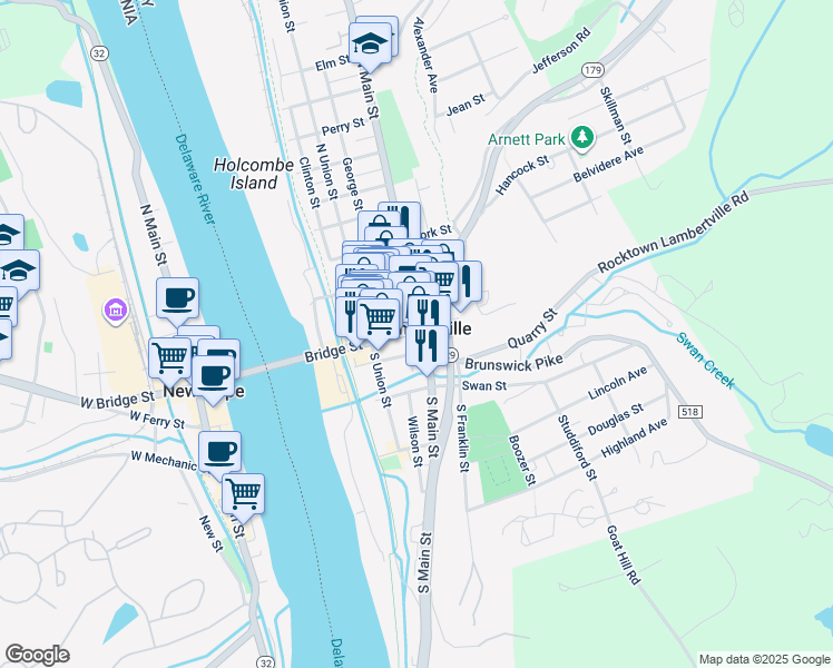map of restaurants, bars, coffee shops, grocery stores, and more near 75 Bridge Street in Lambertville