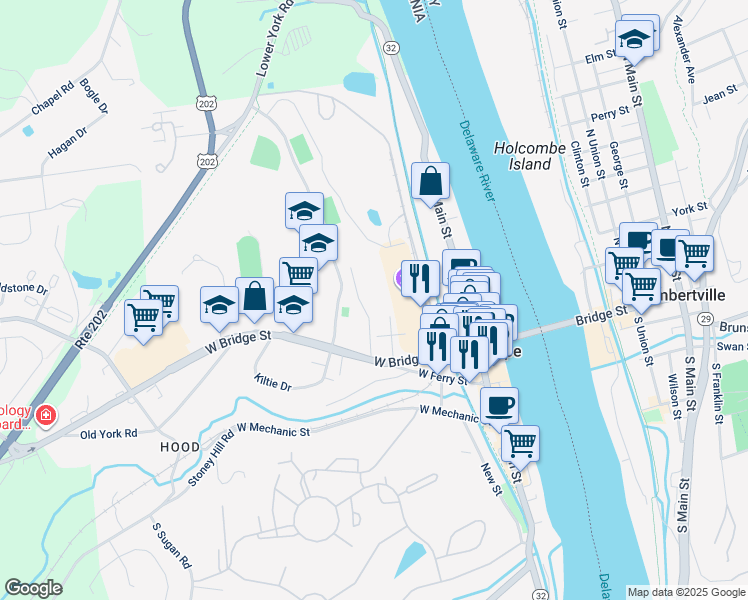 map of restaurants, bars, coffee shops, grocery stores, and more near 104 West Bridge Street in New Hope
