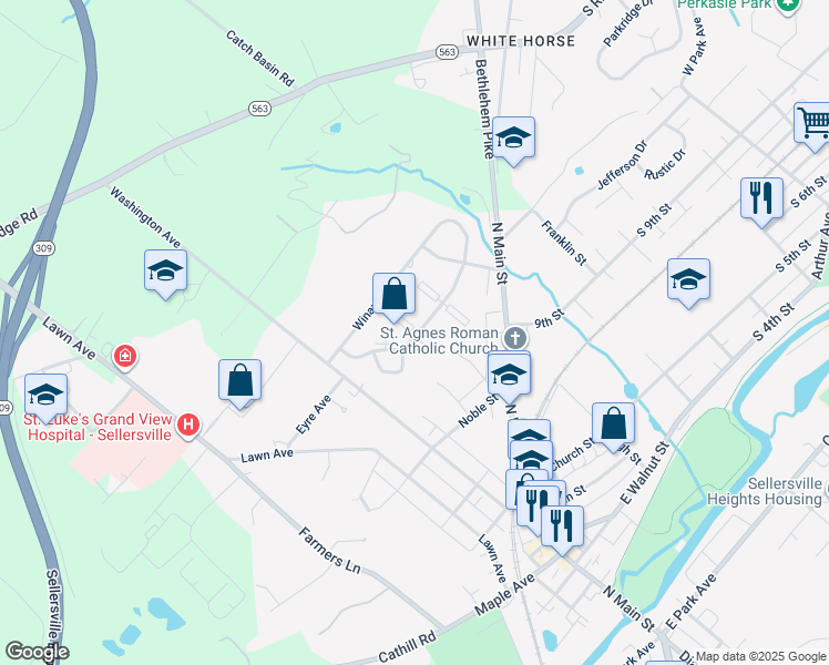 map of restaurants, bars, coffee shops, grocery stores, and more near 559 Peabody Court in Sellersville