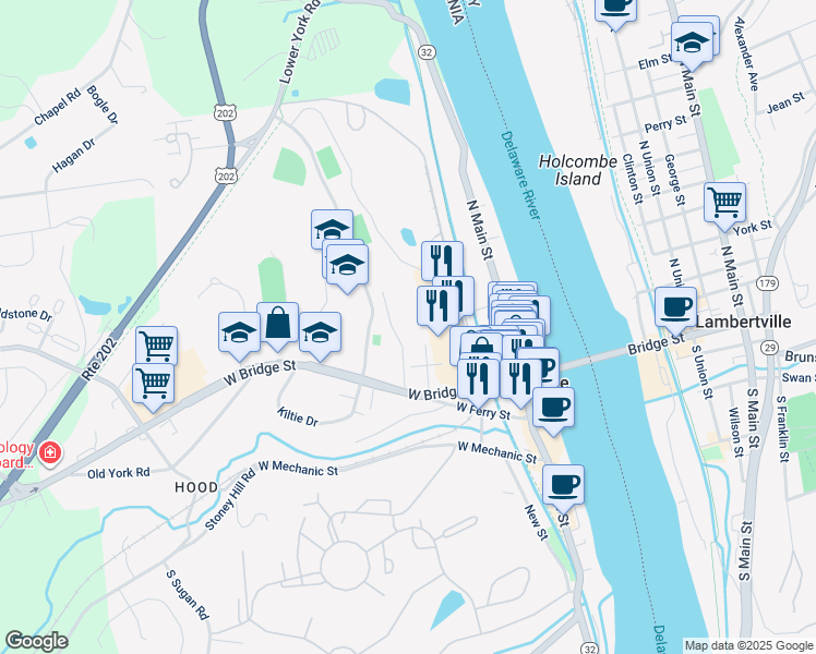map of restaurants, bars, coffee shops, grocery stores, and more near 104 West Bridge Street in New Hope