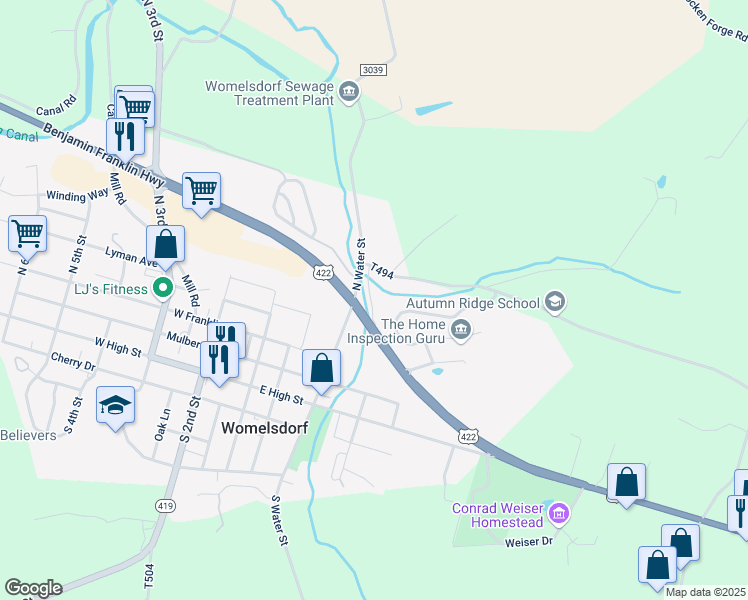 map of restaurants, bars, coffee shops, grocery stores, and more near 100 Bunker Hill Road in Womelsdorf