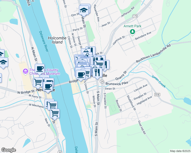 map of restaurants, bars, coffee shops, grocery stores, and more near 77 Bridge Street in Lambertville