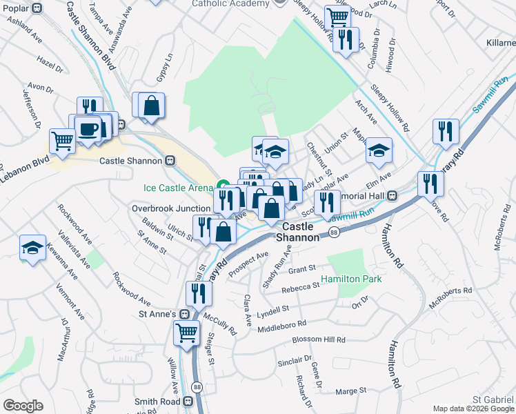 map of restaurants, bars, coffee shops, grocery stores, and more near in Castle Shannon