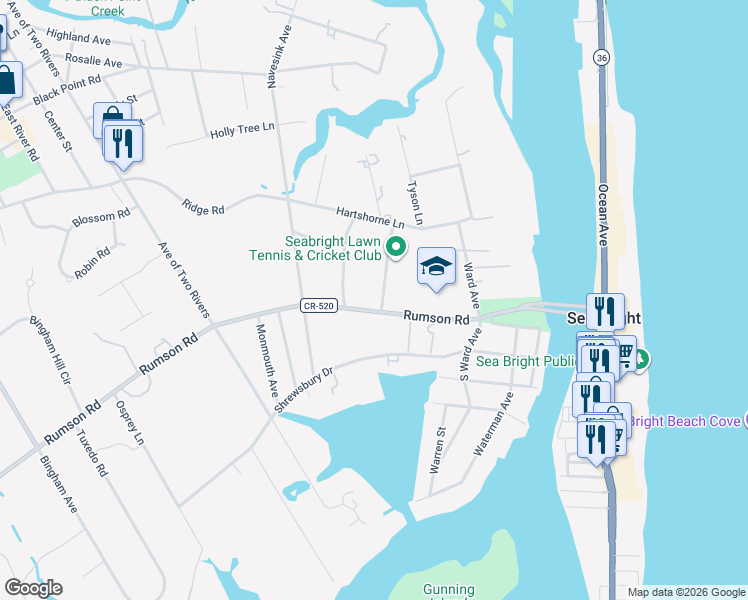 map of restaurants, bars, coffee shops, grocery stores, and more near 54 Rumson Road in Rumson