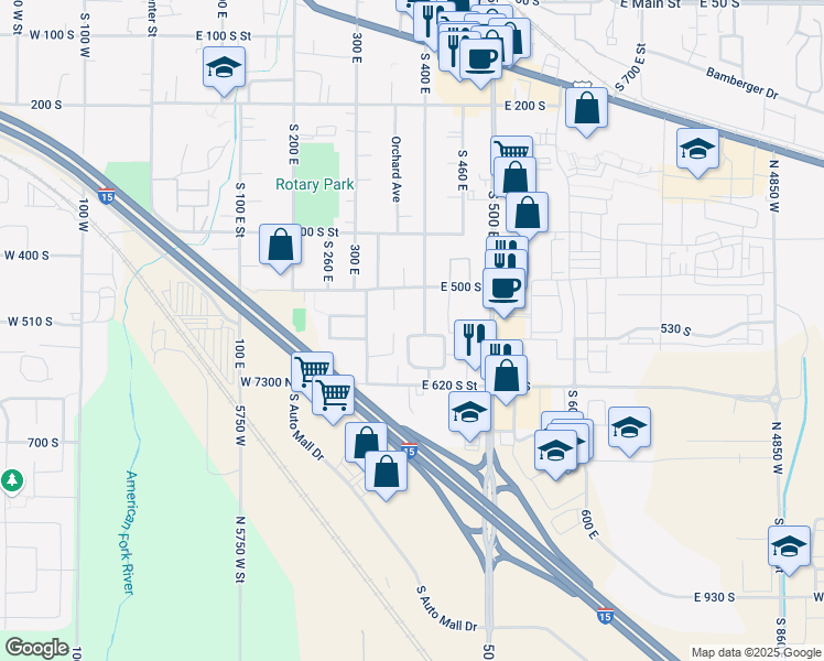 map of restaurants, bars, coffee shops, grocery stores, and more near 385 East 570 South in American Fork