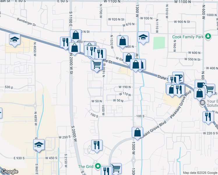 map of restaurants, bars, coffee shops, grocery stores, and more near 1598 West 140 North in Pleasant Grove