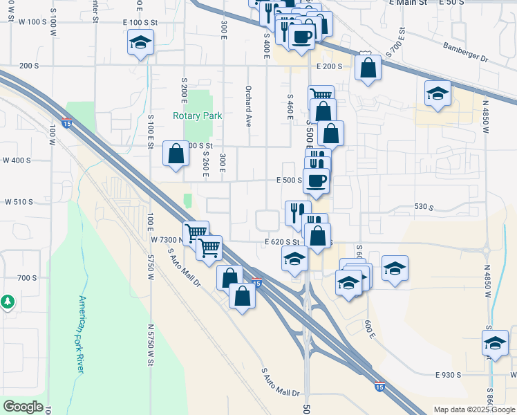 map of restaurants, bars, coffee shops, grocery stores, and more near 385 East 570 South in American Fork