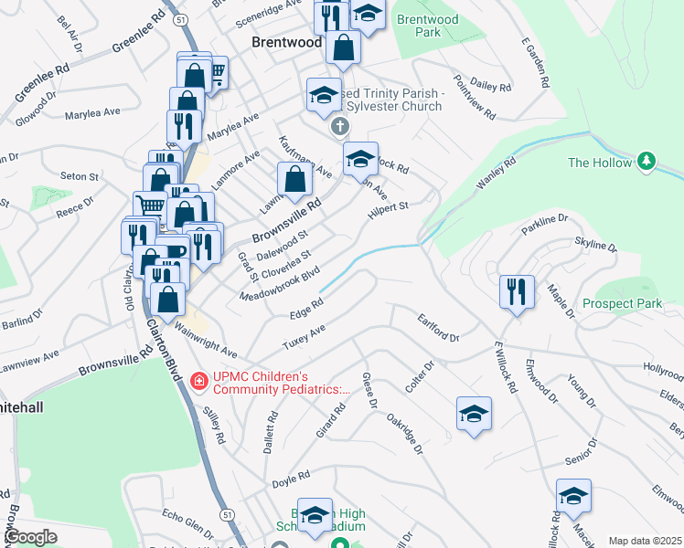 map of restaurants, bars, coffee shops, grocery stores, and more near 3911 Meadowbrook Boulevard in Pittsburgh
