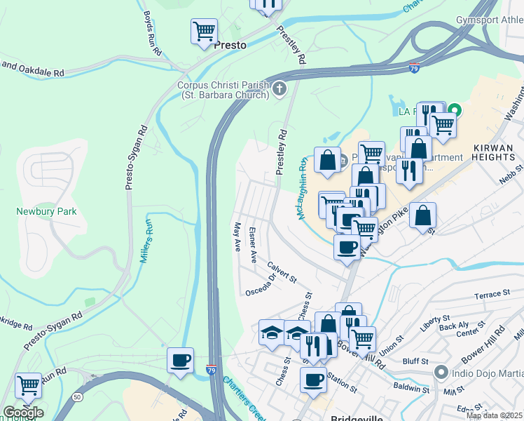 map of restaurants, bars, coffee shops, grocery stores, and more near 125 May Avenue in Bridgeville