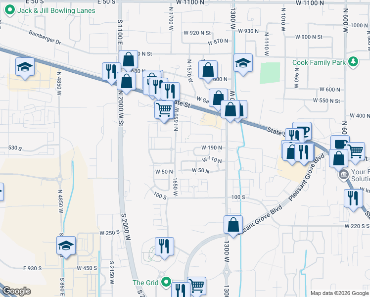 map of restaurants, bars, coffee shops, grocery stores, and more near 1598 West 140 North in Pleasant Grove