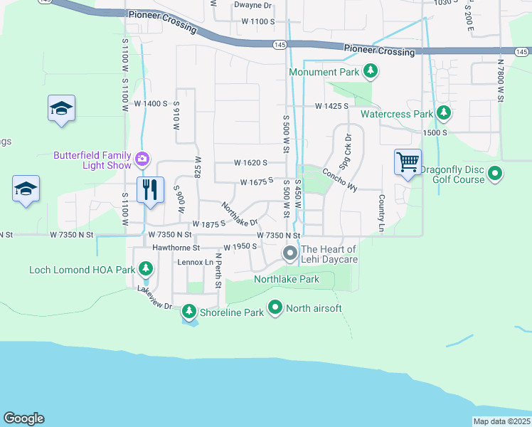 map of restaurants, bars, coffee shops, grocery stores, and more near 538 West Northlake Drive in Lehi
