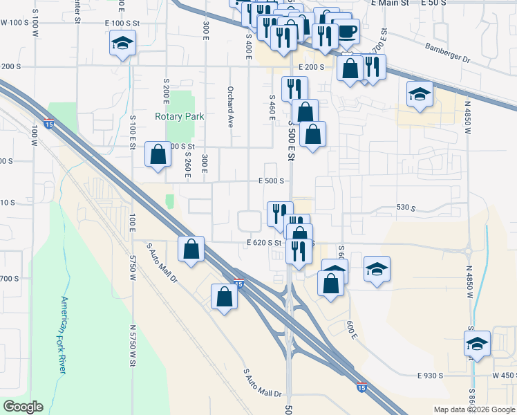 map of restaurants, bars, coffee shops, grocery stores, and more near 533 South 400 East in American Fork
