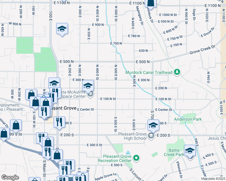 map of restaurants, bars, coffee shops, grocery stores, and more near 505 East 200 North in Pleasant Grove