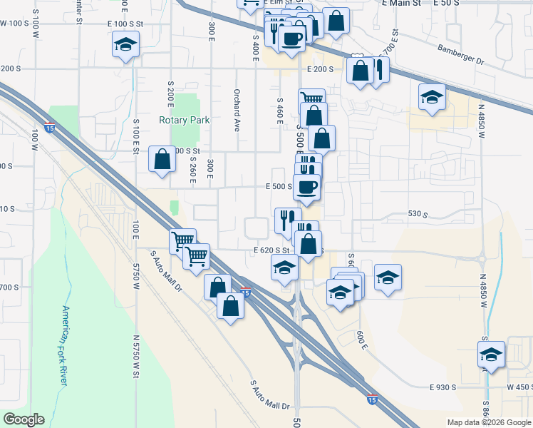map of restaurants, bars, coffee shops, grocery stores, and more near 533 South 400 East in American Fork