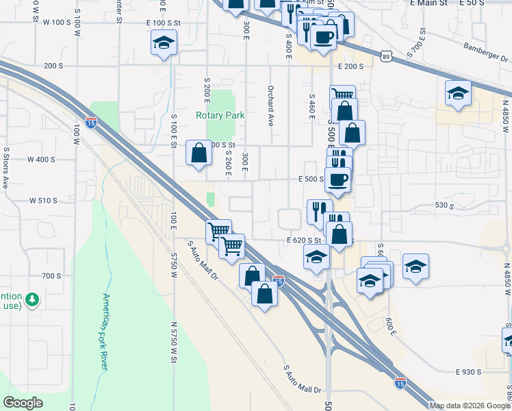 map of restaurants, bars, coffee shops, grocery stores, and more near 296 East 530 South Street in American Fork