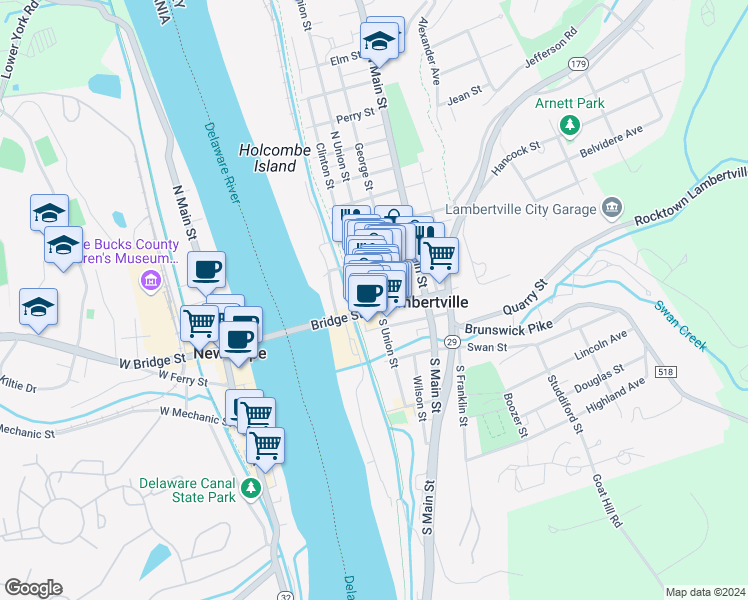 map of restaurants, bars, coffee shops, grocery stores, and more near 5 Gordons Alley in Lambertville