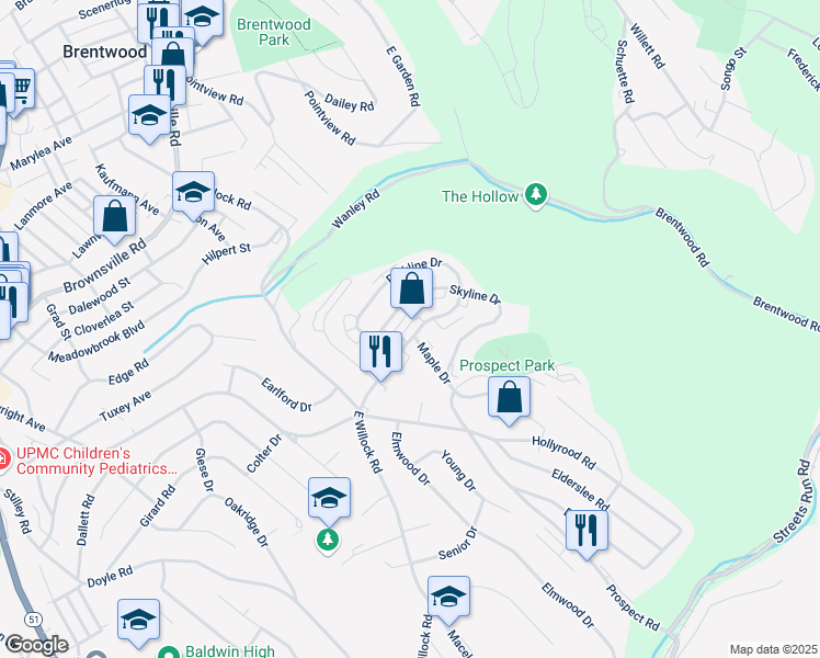 map of restaurants, bars, coffee shops, grocery stores, and more near 1620 Skyline Drive in Pittsburgh