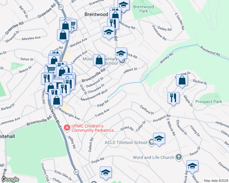map of restaurants, bars, coffee shops, grocery stores, and more near 3911 Meadowbrook Boulevard in Pittsburgh