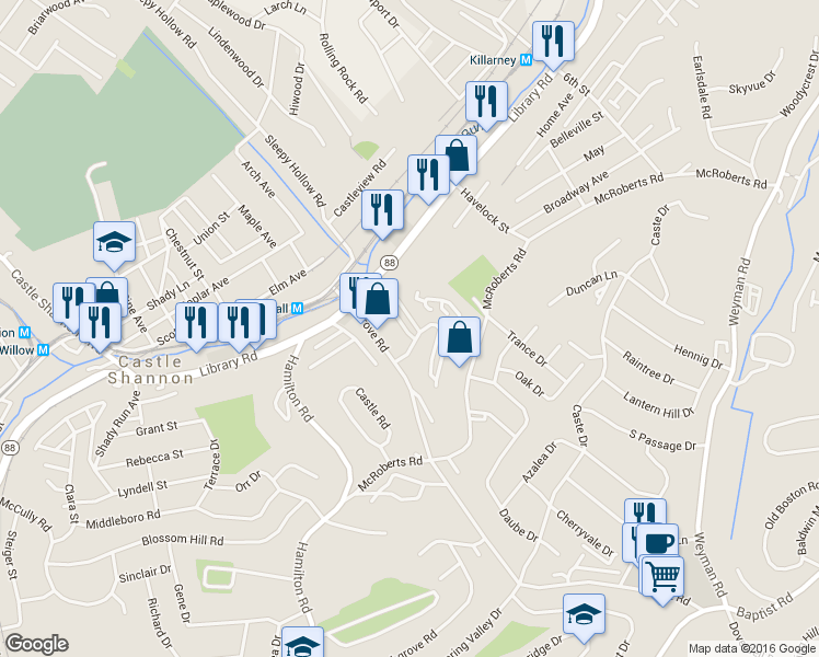 map of restaurants, bars, coffee shops, grocery stores, and more near 266 Murrays Lane in Pittsburgh
