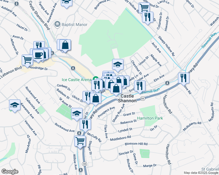 map of restaurants, bars, coffee shops, grocery stores, and more near in Castle Shannon