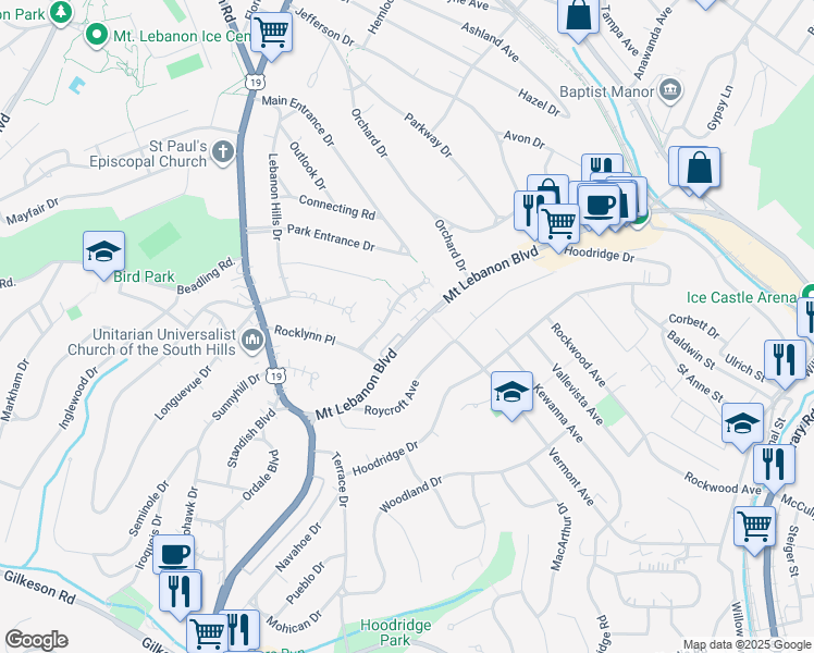 map of restaurants, bars, coffee shops, grocery stores, and more near 128 Rock Haven Lane in Pittsburgh