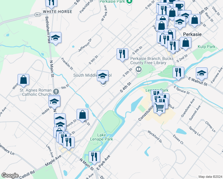 map of restaurants, bars, coffee shops, grocery stores, and more near 873 Cedar Street in Sellersville