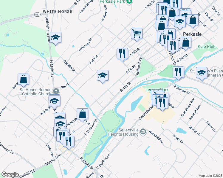 map of restaurants, bars, coffee shops, grocery stores, and more near 873 Cedar Street in Sellersville