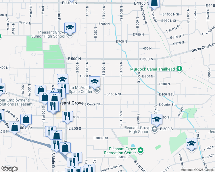 map of restaurants, bars, coffee shops, grocery stores, and more near 459 East 200 North in Pleasant Grove