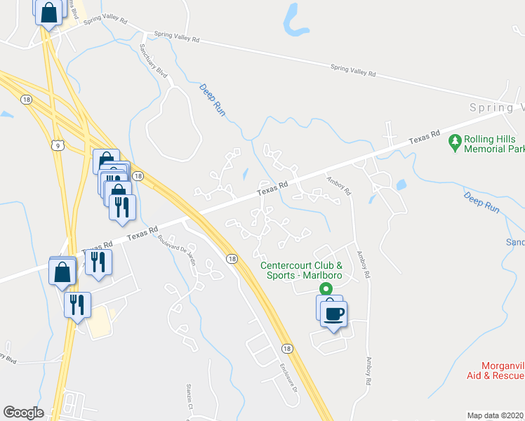 map of restaurants, bars, coffee shops, grocery stores, and more near Millponds Way in Marlboro Township