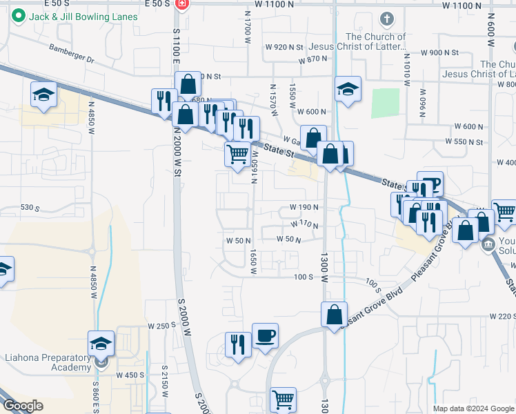 map of restaurants, bars, coffee shops, grocery stores, and more near 189 North 1630 West in Pleasant Grove