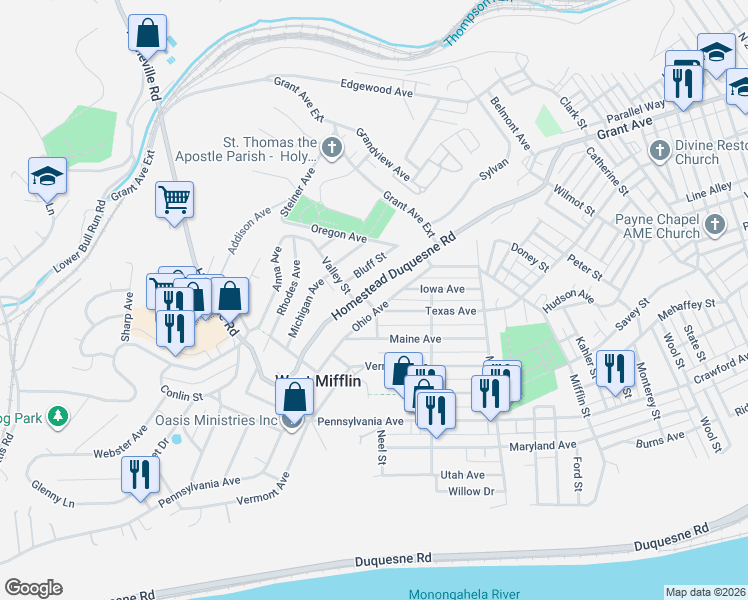 map of restaurants, bars, coffee shops, grocery stores, and more near 1874 Homestead Duquesne Road in West Mifflin