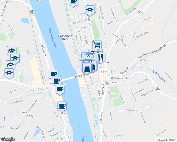 map of restaurants, bars, coffee shops, grocery stores, and more near 7 North Union Street in Lambertville