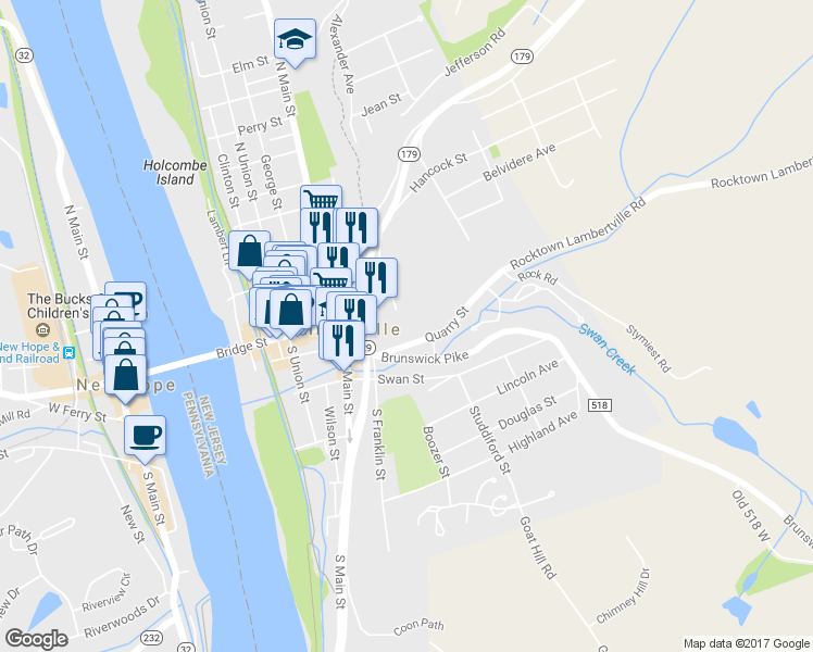 map of restaurants, bars, coffee shops, grocery stores, and more near 90 Washington Street in Lambertville