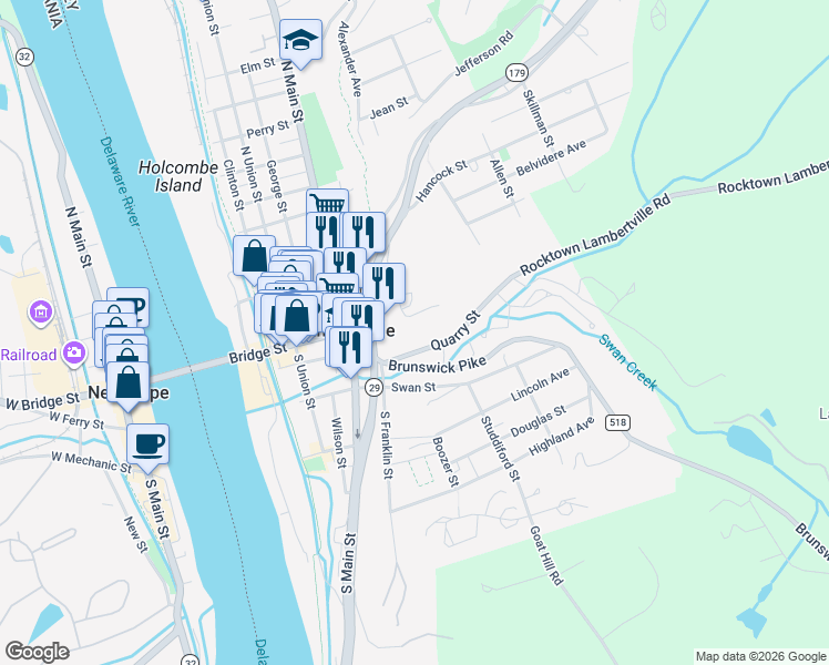 map of restaurants, bars, coffee shops, grocery stores, and more near 90 Washington Street in Lambertville
