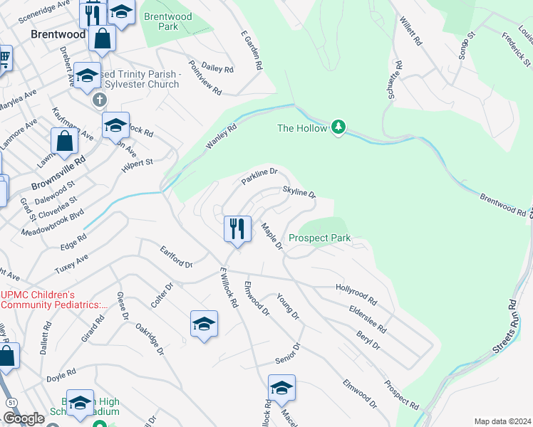 map of restaurants, bars, coffee shops, grocery stores, and more near 1835 Parkline Drive in Pittsburgh