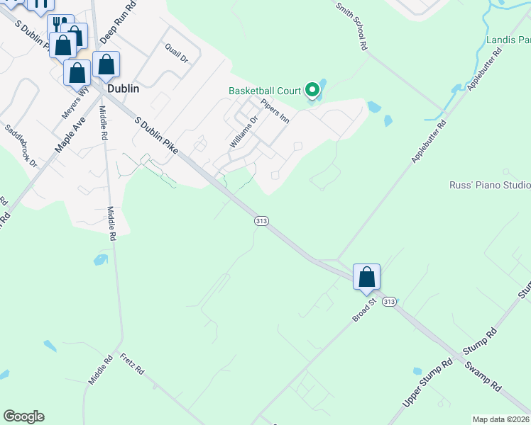 map of restaurants, bars, coffee shops, grocery stores, and more near 351 South Dublin Pike in Perkasie