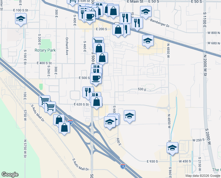 map of restaurants, bars, coffee shops, grocery stores, and more near 585 South 500 East in American Fork