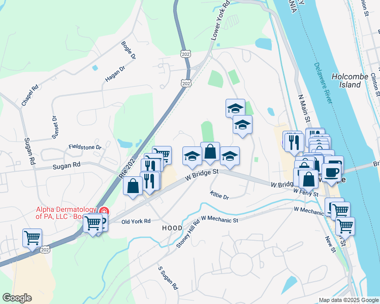 map of restaurants, bars, coffee shops, grocery stores, and more near 101 Riverstone Circle in New Hope