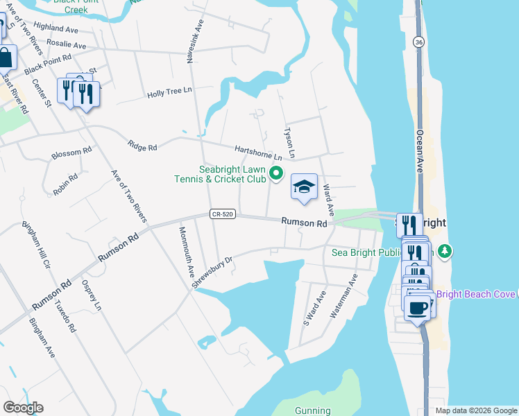 map of restaurants, bars, coffee shops, grocery stores, and more near 54 Rumson Road in Rumson