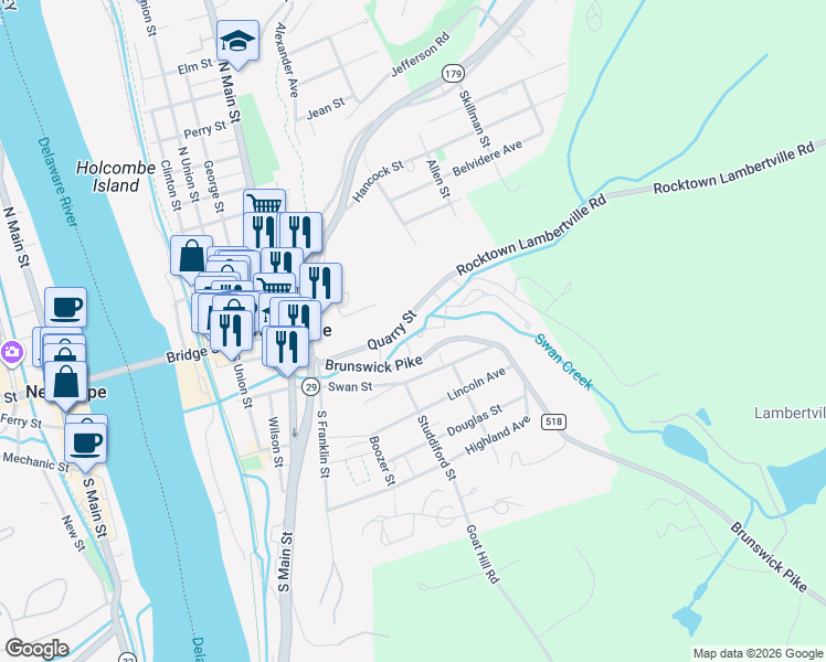 map of restaurants, bars, coffee shops, grocery stores, and more near 52 Quarry Street in Lambertville