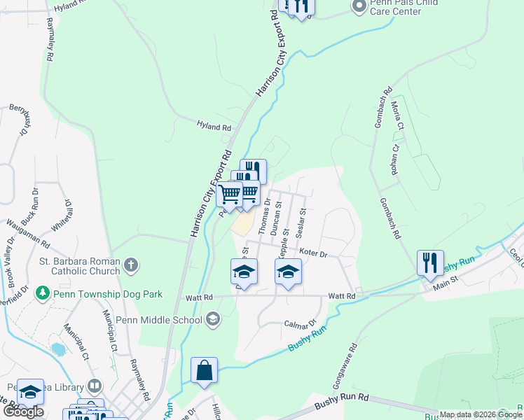 map of restaurants, bars, coffee shops, grocery stores, and more near 2026 Penny Lane Drive in Jeannette