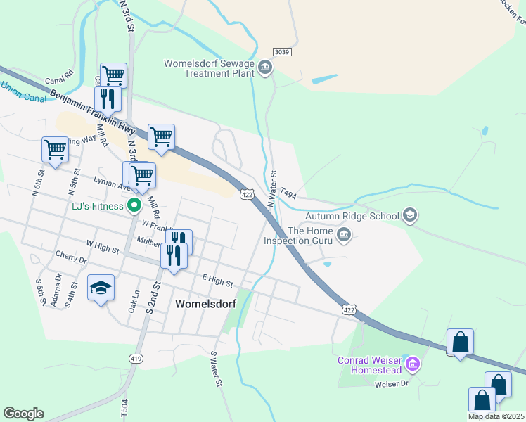 map of restaurants, bars, coffee shops, grocery stores, and more near 1500 Conrad Weiser Parkway in Womelsdorf