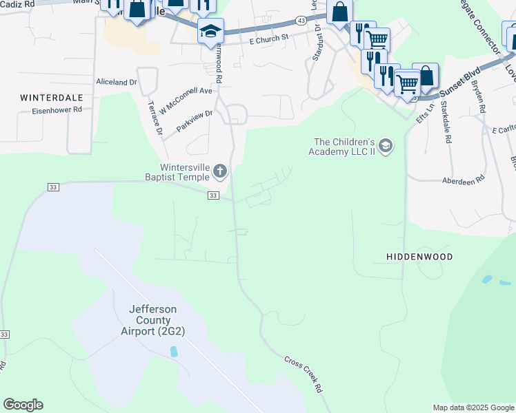 map of restaurants, bars, coffee shops, grocery stores, and more near 101 Meridian Way in Wintersville
