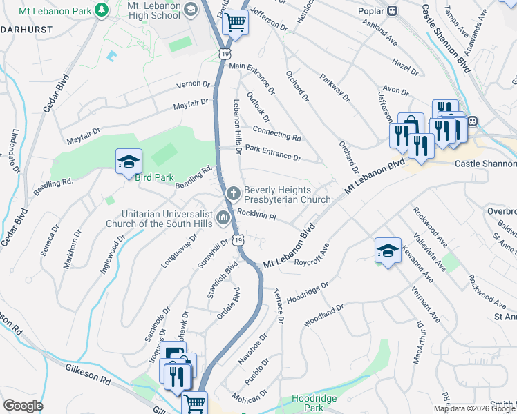 map of restaurants, bars, coffee shops, grocery stores, and more near 100 Crestvue Manor Drive in Pittsburgh