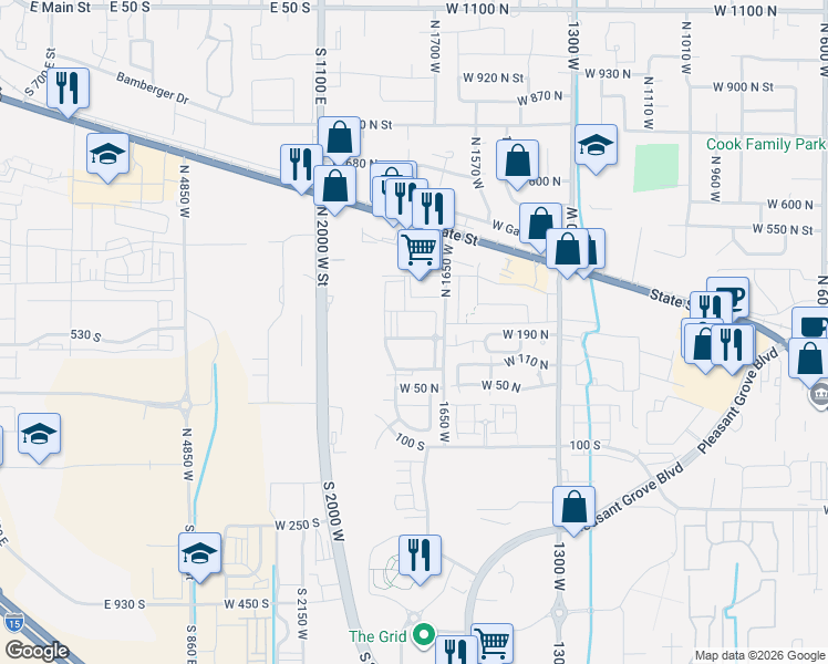 map of restaurants, bars, coffee shops, grocery stores, and more near 165 North 1650 West in Pleasant Grove